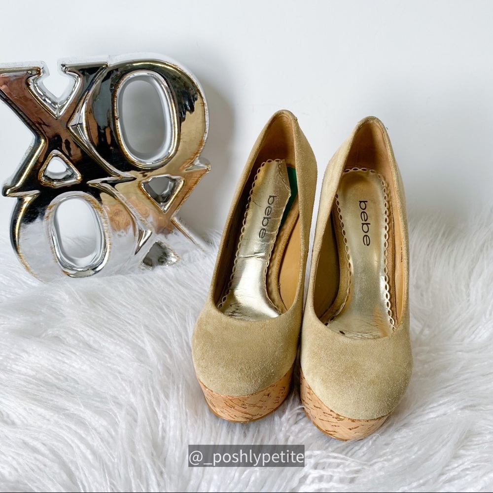 Bebe cork heel nude suede chunky platform heels